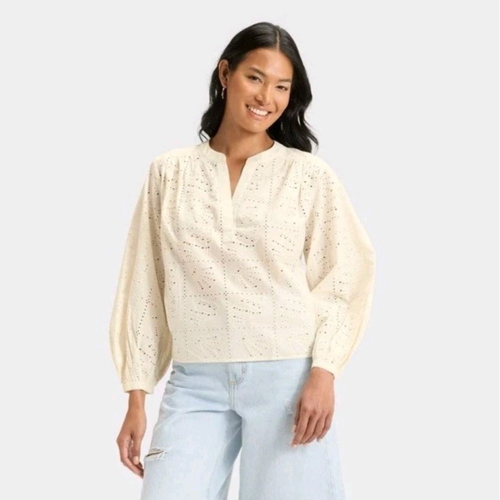 Women's Eyelet 100% Cotton Cottagecore Shirt Ivory Beachy Boho Sz 2XL Cream